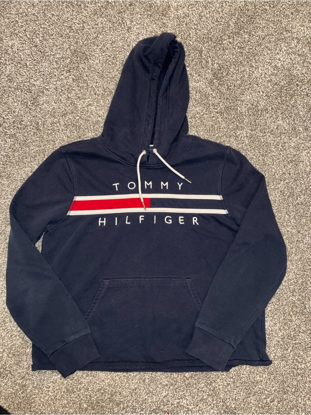 Tommy Hilfiger Navy Hoodie with Red & White Chest Stripe